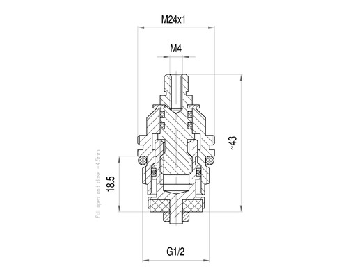 Desen tehnic al unei supape cu dimensiunile M24x1, M4 și G1/2.