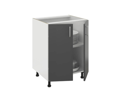 Dulap inferior cu ușă parțial deschisă, rafturi interne și vase