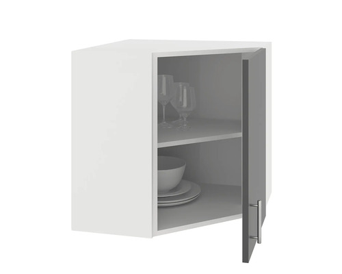 Dulap de colț suspendat cu ușa deschisă, două rafturi și veselă