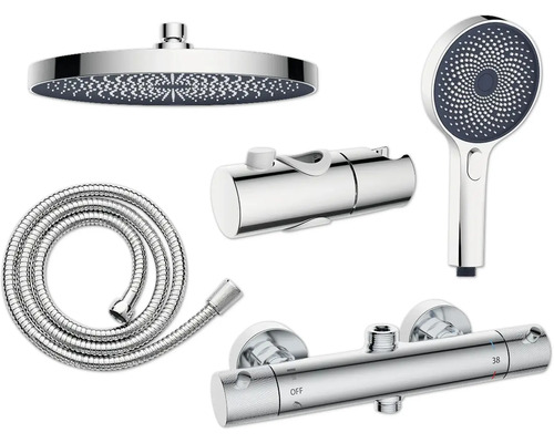 Set de duș cu duș de cap, duș de mână, furtun de duș și termostat