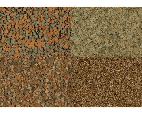 Prim-plan cu hrană pentru pești în diferite forme