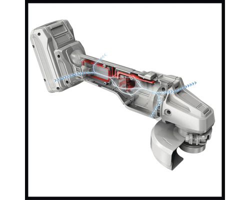 Secțiune printr-un polizor unghiular cu acumulator pentru a ilustra componentele interne