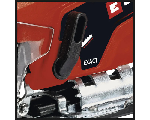 Imagine detaliată cu un ferăstrău vertical cu mâner negru și bază argintie