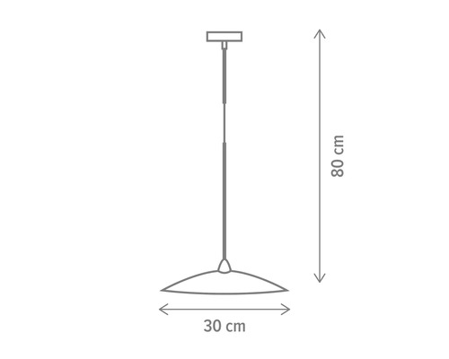 Desen tehnic al unei lămpi suspendate cu dimensiunile de 30 cm lățime și 80 cm înălțime.