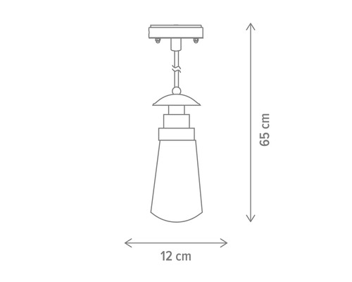 Imagine cu dimensiunile unei lămpi suspendate: 65 cm înălțime, 12 cm lățime.