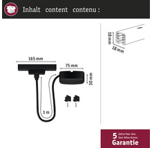 Conținutul produsului cu indicații de dimensiune și garanție de cinci ani