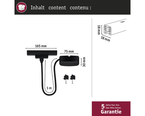 Conținutul produsului cu indicații de dimensiune și garanție de cinci ani