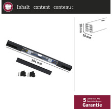 Vedere interioară a unei lămpi LED lungi de 304 milimetri cu accesorii și dimensiuni, inclusiv garanție de 5 ani