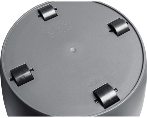 Partea inferioară a unui ghiveci cu role și logo-ul Elho