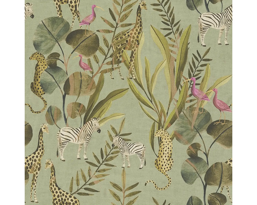Tapet cu motiv de junglă, incluzând zebre, girafe, leoparzi, păsări și frunze tropicale
