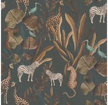 Tapet cu motiv de junglă, cu ilustrații de girafe, zebre, leoparzi, păsări tropicale și frunze.