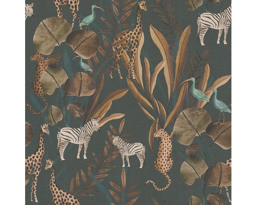 Tapet cu motiv de junglă, cu ilustrații de girafe, zebre, leoparzi, păsări tropicale și frunze.