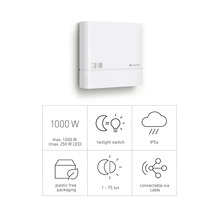 Întrerupător crepuscular Steinel cu următoarele caracteristici: putere maximă 1000 wați, funcție întrerupător crepuscular, clasă de protecție IP54, ambalaj fără plastic, 1 - 75 lucși și conexiune prin cablu