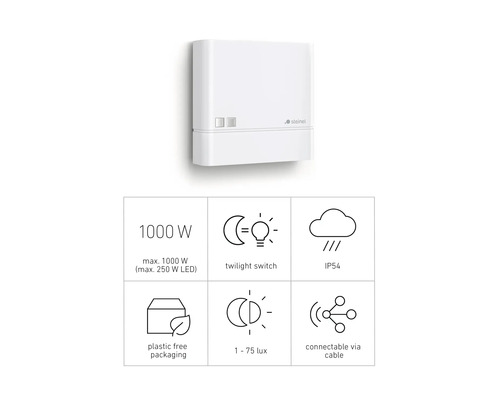 Întrerupător crepuscular Steinel cu următoarele caracteristici: putere maximă 1000 wați, funcție întrerupător crepuscular, clasă de protecție IP54, ambalaj fără plastic, 1 - 75 lucși și conexiune prin cablu