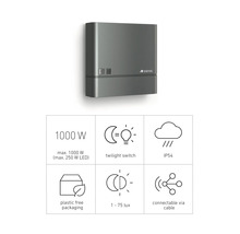 Logo Steinel, putere maximă 1000 W, comutator crepuscular, grad de protecție IP54, ambalaj fără plastic, 1 - 75 lux, conectabil prin cablu