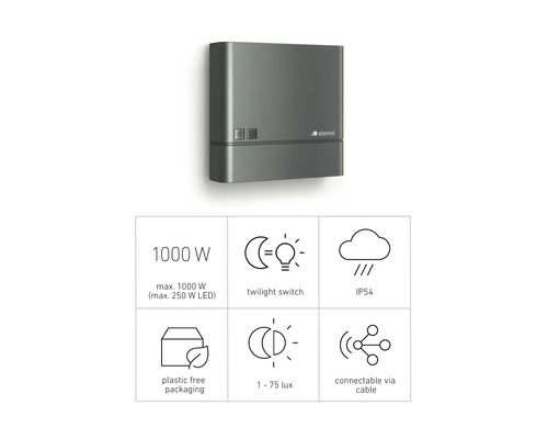 Logo Steinel, putere maximă 1000 W, comutator crepuscular, grad de protecție IP54, ambalaj fără plastic, 1 - 75 lux, conectabil prin cablu