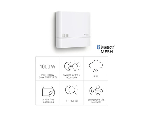 Sigla Steinel, Bluetooth Mesh, 1000 wați, comutator amurg cu mod eco, IP54, ambalaj fără plastic, 1-1000 lucși, conectabil prin Bluetooth