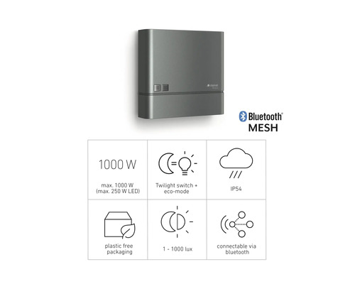 Lumină exterioară cu senzor Steinel IQ Plus, cu detalii despre produs, cum ar fi putere de 1000 wați, comutator amurg, mod eco, grad de protecție IP54, Bluetooth Mesh, ambalaj fără plastic și conexiune Bluetooth