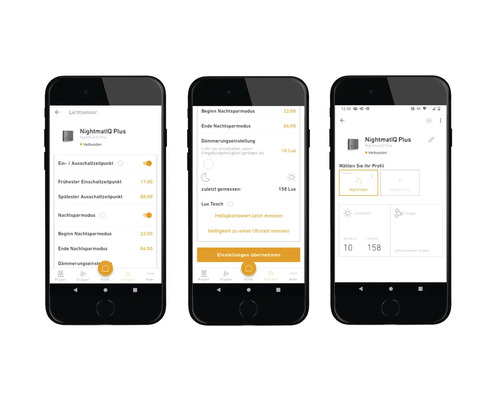 Trei smartphone-uri afișează aplicația NightmatIQ Plus pentru controlul luminii