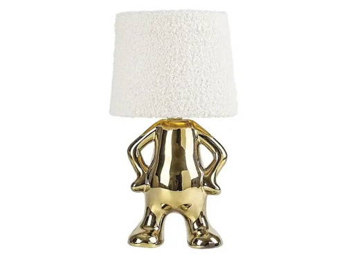 Lampă de masă decorativă cu abajur și bază aurie în formă de personaj de desene animate.