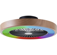 Ventilator de tavan cu aspect de lemn și iluminare LED colorată