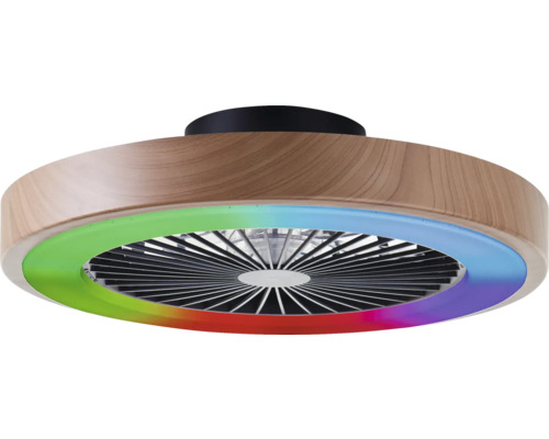 Ventilator de tavan cu aspect de lemn și iluminare LED colorată