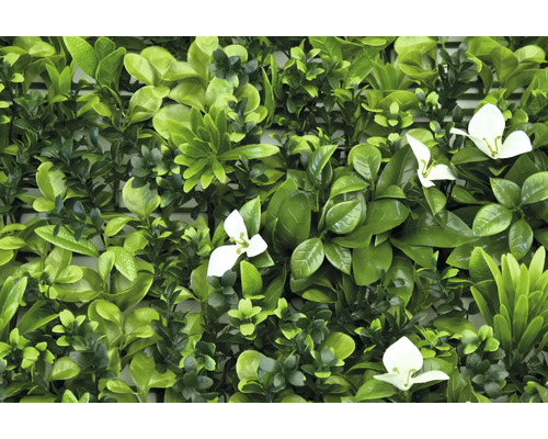 Gard viu artificial cu frunze verzi și flori albe