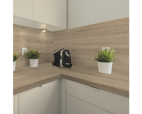 Scenă de bucătărie cu blat, protecție de perete, aparat de cafea și plante în ghiveci