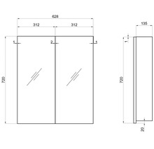 Desen tehnic al unui dulap cu oglindă cu dimensiuni