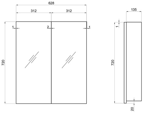 Desen tehnic al unui dulap cu oglindă cu dimensiuni