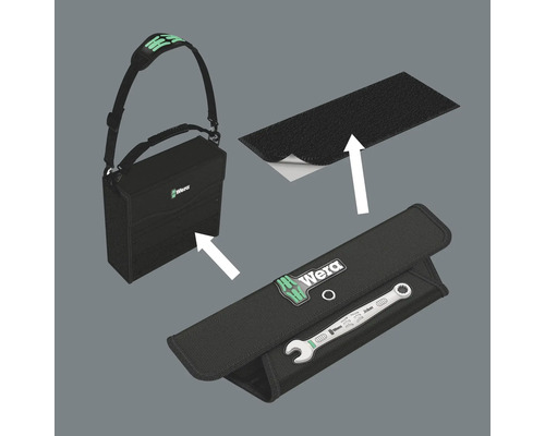 Geantă de scule cu cheie fixă, bandă velcro și logo Wera