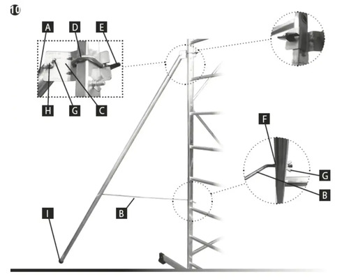 Vizualizare detaliată a unei schele cu diferite componente identificate prin litere