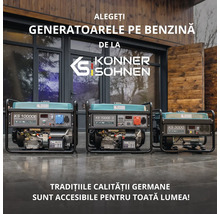 Trei generatoare pe benzină marca Könner und Söhnen în fața unei clădiri.