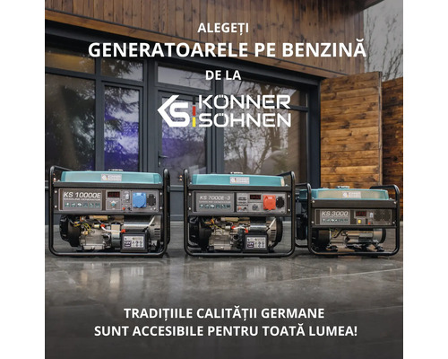 Trei generatoare pe benzină marca Könner und Söhnen în fața unei clădiri.