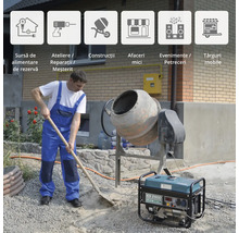 Un bărbat lucrează afară cu un mixer de ciment și un generator.