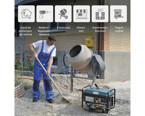 Un bărbat lucrează afară cu un mixer de ciment și un generator.