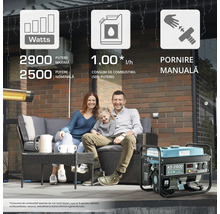 Generator cu putere maximă de 2900 wați, putere nominală de 2500 wați, consum de combustibil de 1,00 litri pe oră și pornire manuală