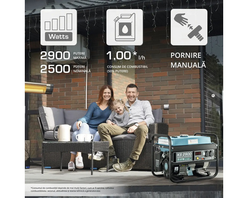 Generator cu putere maximă de 2900 wați, putere nominală de 2500 wați, consum de combustibil de 1,00 litri pe oră și pornire manuală