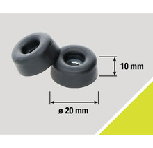 Două opritoare de ușă rotunde, negre, cu dimensiunile de 20 mm diametru și 10 mm înălțime
