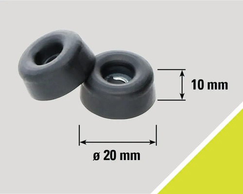 Două opritoare de ușă rotunde, negre, cu dimensiunile de 20 mm diametru și 10 mm înălțime