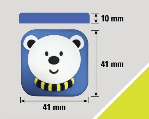 Dimensiunile unui buton de mobilă cu motiv urs: 41 mm x 41 mm, grosime 10 mm