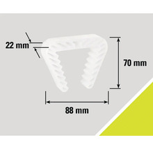 Clip de fixare cu dimensiunile de 22 mm, 70 mm și 88 mm.