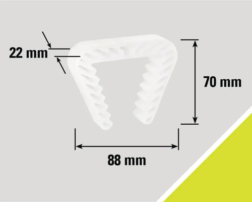 Clip de fixare cu dimensiunile de 22 mm, 70 mm și 88 mm.