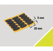 Glisoare autoadezive pentru mobilă cu dimensiunile nouă pe douăzeci de milimetri pe o foaie suport.