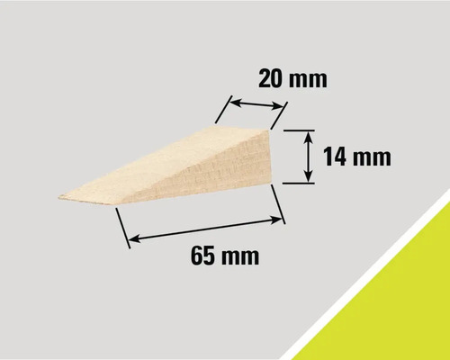 Pană din lemn cu dimensiunile de 65 mm lungime, 20 mm lățime și 14 mm înălțime