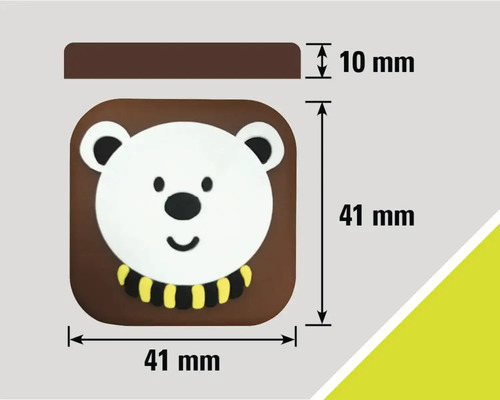 Dimensiunile opritorului de ușă cu motiv urs: 41 mm x 41 mm x 10 mm