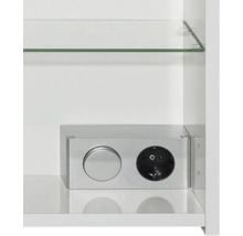 Vizualizare detaliată a unui dulap cu oglindă cu raft din sticlă și element de priză