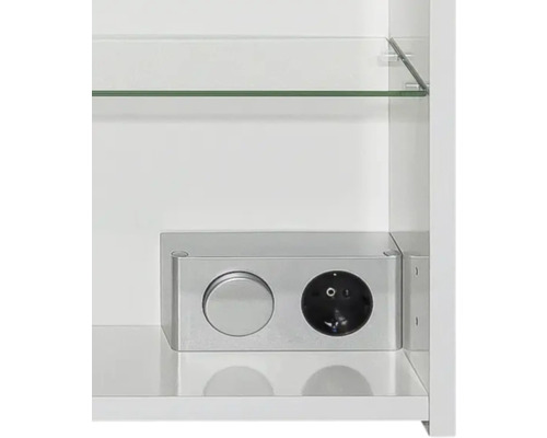 Vizualizare detaliată a unui dulap cu oglindă cu raft din sticlă și element de priză