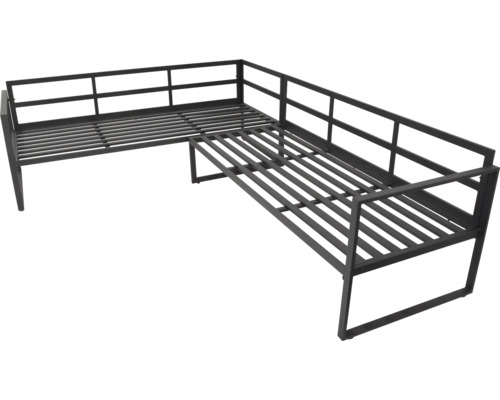 Bancă de grădină din metal, unghiulară, cu cadru cu lamele