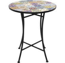 Masa înaltă rotundă cu model mozaic pe blat și cadru metalic.